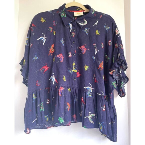 Anthropologie Blouse Womens Medium Blue Butterfly Short Sleeve Button Peplum Hem - Picture 2 of 14